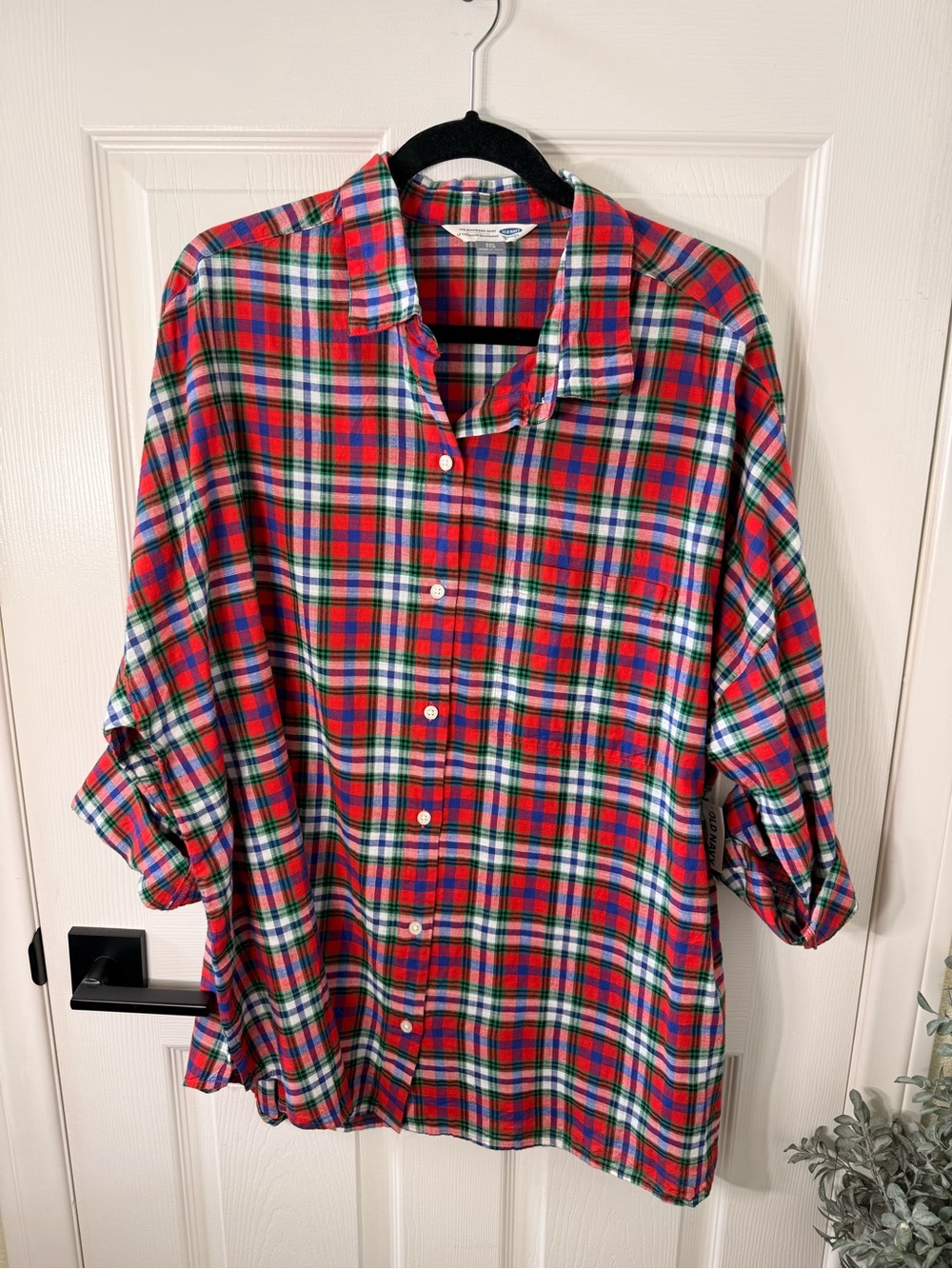 Old Navy Red Plaid Button-Down Shirt with Green and White Accents NWT